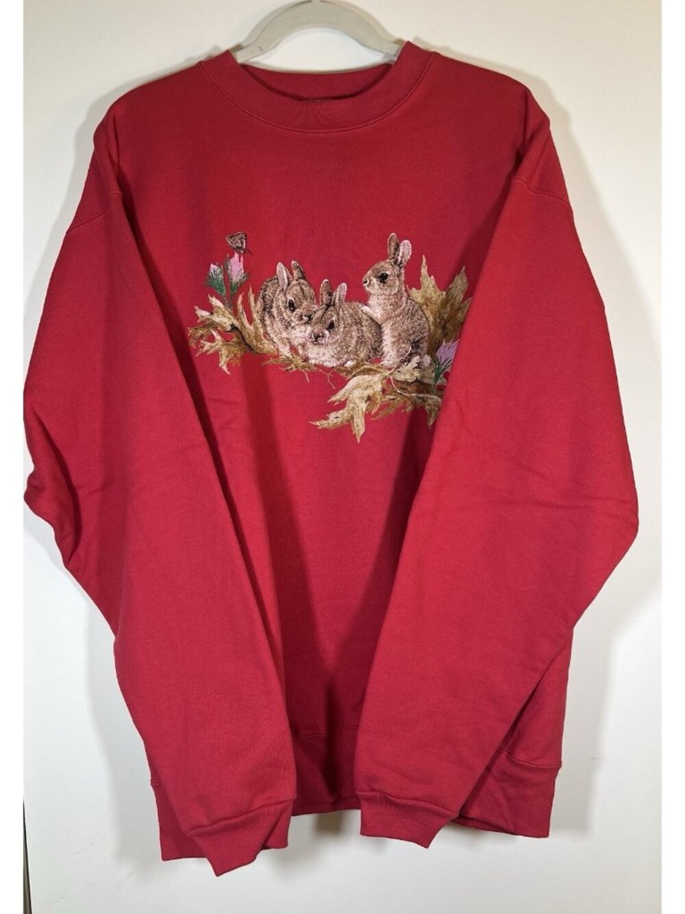 NEW Vintage 90 Deadstock Cotton Deluxe pink BUNNIES Easter sweatshirt XL cottage - Picture 2 of 10